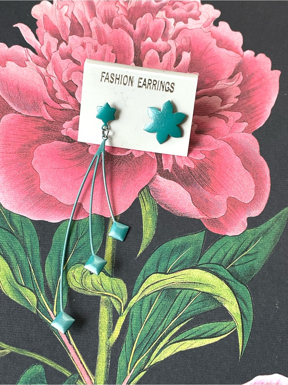 Vintage teal metallic enamel mismatched star earrings